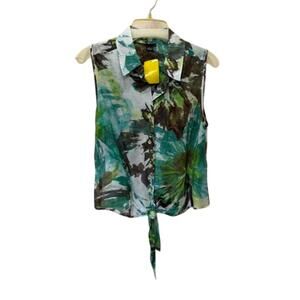 NEW 600 WEST women tibet tie-front sleeveless blouse in aqua/green/brown